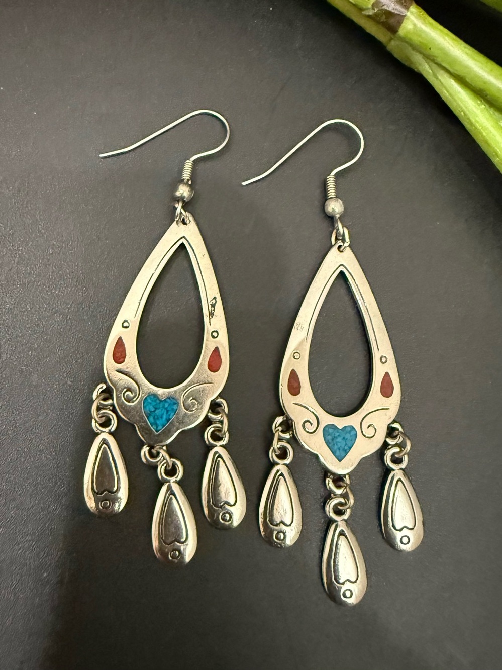 Silver-tone Faux Turquoise & Coral Inlay Boho Bohemian Fringe Earrings